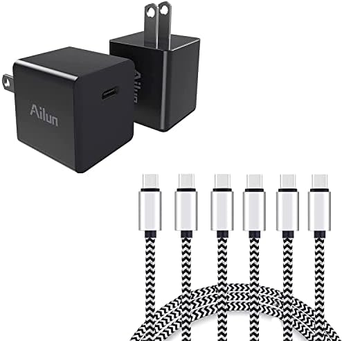 AILUN 2PACK USB C מתאם חשמל, PD יציאת PD BLOCK WALL BLOCK 20W מטען מהיר ו- USB C ל- USB C כבל 10ft 3pack עמידות