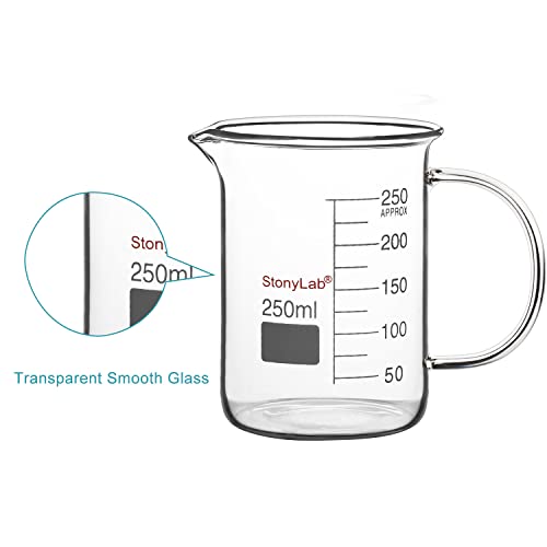 כוס זכוכית Stonylab עם ידית, זכוכית בורוסיליקט בורוסה בוגר כוס גריפין עם ידית ושפכה זרבובית, 250 מל