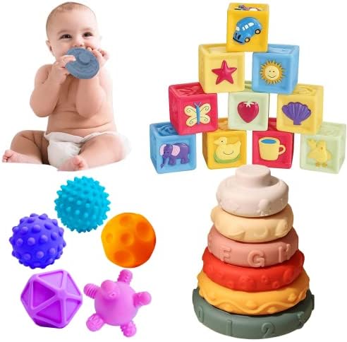 ROHSCE 21 PCS Montessori צעצועים חושיים לתינוקות לתינוקות 6-12 חודשים, בלוקים לערימה רכה צבעונית, כדורים