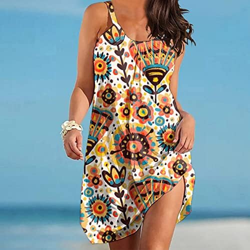 קיץ חוף שמלות נשים מזדמנים בוהו שמלה רופף מתאים זורם מיני שמלה ללא שרוולים צווארון כיסוי למעלה שמלות קיץ