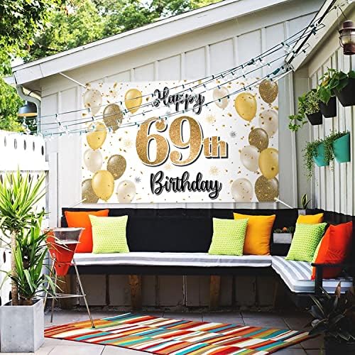 לאסקייר יום הולדת שמח 69 באנר גדול-לחיים ליום הולדת בן 69 רקע צילום קיר ביתי, קישוטים למסיבת יום הולדת 69.
