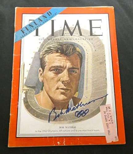בוב מתיאס זוכה זהב אולימפי חתם על מגזין טיים עם מכתב מלא-מגזיני קולג ' חתומים