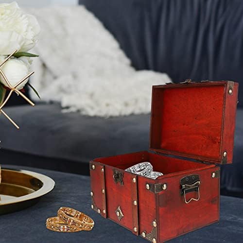 Vorcool Vintage תכשיטי עץ אחסון קופסאות: קופסא אוצר רטרו עתיק עתיק עתיק אוצר בית חזה דקור אדום כהה 22x15x13.