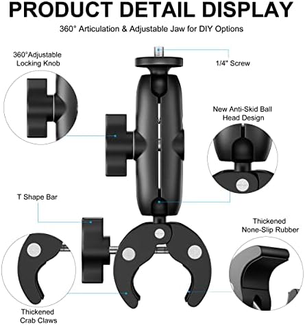 מצלמת Martvsen מהדק הרכבה לאביזרים עבור GoPro, מחזיק מהדק כידון אופניים אופנועים מתאם זרוע קסם כפול 360 ° עם 1/4