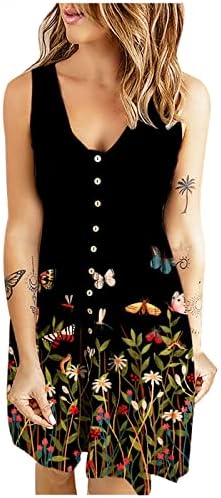 Oplxuo שמלות בוהו לנשים בקיץ כפתור חמוד כפתור ללא שרוולים פרח פרח פרח שמלת הדפס פרחוני שמלת חוף רופפת