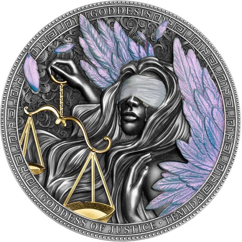 2022 דה מודרני PowerCoin Powercoin Themis אלת אלת הצדק 2 עוז מטבע כסף 5 $ niue 2022 גימור עתיק
