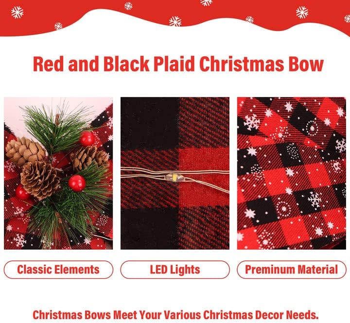 קישוט לחג המולד באפלו משובץ סרט קשת אורות הובלה אורות עץ עץ עם קישוטי זר עץ אורן של אגף שלג.