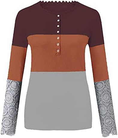 כפתור נשים V צוואר חולצת חולצה טלאי טלאי תחרה חלול החוצה דפוס שרוול ארוך דפוס מצולע מודפס