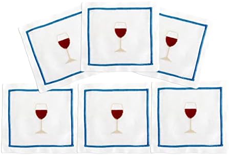 רקמת Quang Thanh - סט של 6 רקמות מפיות קוקטיילים עם עיצוב זכוכית יין - צבע טבעי, מפיות משקאות