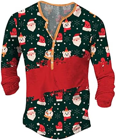 Dsodan חג המולד חולצות הנלי לגברים מכוערים חג המולד אייל הדפס פתית שלג שרוול ארוך V כפתור צוואר