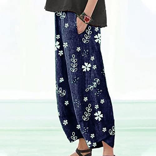 מכנסי רגל רחבים של CHGBMOK למכנסי טרקלין אלסטיים אלסטיים של נשים מכנסיים נוחים קצוצים פרחים עם כיסים