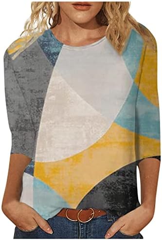 קיץ 3/4 שרוול חולצה גיאומטרי הדפסת דפוס למעלה עבור נשים שלושה רובע שרוול סוודר עגול צוואר טי סווטשירט