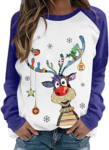 בלוק צבע סוודר חג מולד מכוער לנשים מצחיק לבוש איילים גרפי סווטשירטים צוואר צווארון שרוול ארוך חולצות
