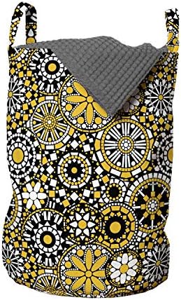 שק כביסה מנדלה צהוב, יצירות אמנות בסגנון פסיפס מרוקאי פרטים גיאומטריים נקודות ריבועים עיגולים, סל סל עם