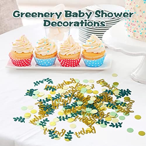 קישוטי מרווה מקלחת לתינוקות מקלחת לתינוקות - קונפטי מפזרים שולחן ירוק עם קונפטי נייר עגול לאוקליפטוס