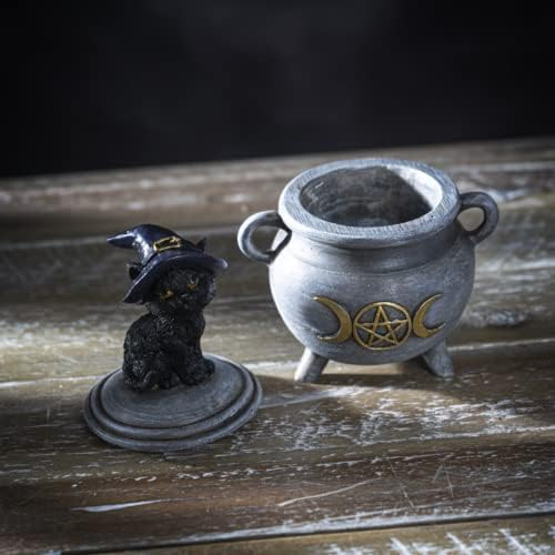 חתול שחור של כלי מתנה פסיפיק עם כובע מכשפות יושב על קופסת קדירה, תכשיטי פולירזין או מחזיק מטבעות,