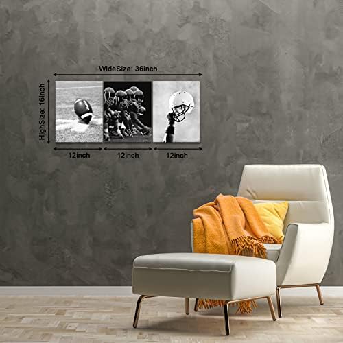 BWSPACE שחור לבן כדורגל קיר קיר אמנות ספורט מודרני נושא 3 יצירות משחק כדורגל קנבס קיר קיר תפאורה לסלון, חדר שינה,