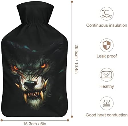 זאב זאב זועם פנים בחושך גומי בקבוק מים חמים עם כיסוי פליס כפות ידיים שקית מים חמים יותר