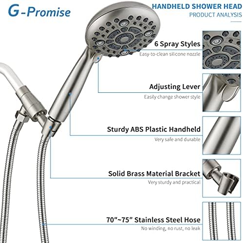 ראש מקלחת כף יד של G-Geard לחץ גבוה לחץ 6 הגדרות ריסוס, ראש מקלחת יד-ידנית 4.9 פנים עם 70 '' צינור גמיש ארוך במיוחד
