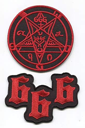 מגרש של 2 ראש עיזים של Baphomet Satanic + 666 סימן החיה אפליקציות רקומות טלאים ברזל על