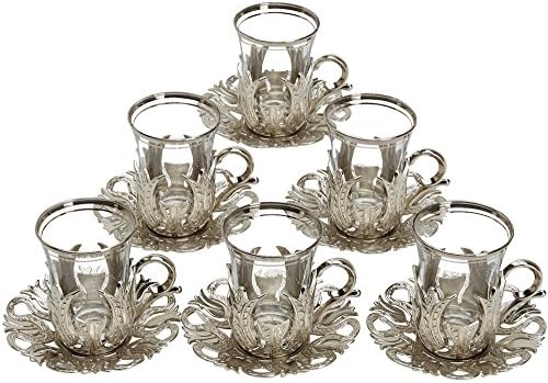 ערכת תה טורקית ל 6 - כוסות עם מחזיקי פליז מכסים מכסים מגש וכפיות זכוכית, 25 יח '