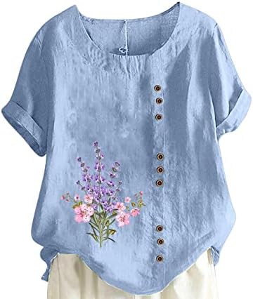 חולצות פשתן לנשים 2023 צמרות מזדמנים של קיץ פרח הדפס גרפי טוניקה טוניק צוואר צווארון שרוול קצר חולצות
