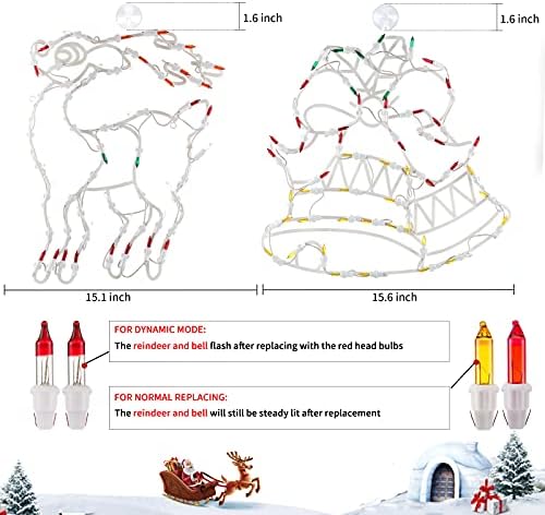 חלון חג המולד צללית אורות קישוטי אורות חבילה של 2 איילים מוארים ופעמונים אורות חלון חג מולד עם 100 נורות