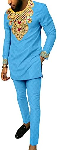 גברים אפריקאים בגדים מסורתיים סט חולצות רקמה ומכנסיים 2 חלקים סט תלבושות דשיקי לערב חתונה