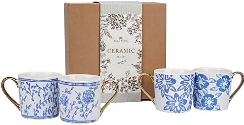 ספל קפה קרמיקה של טיימי טיימיק סבל של כוס תה של 4, 12.5 גרם עם דפוס פרחים כחול לבן, סט מתנות ספל קפה לנשים,