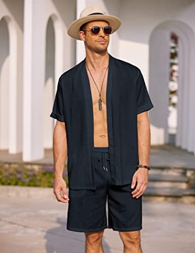 גברים קואופנדי מגדירים תלבושות 2 חלקים קדמי פתוח קימונו קרדיגן שרוול קצר ומכנסיים קצרים חוף קלים חוף חוף קימונו