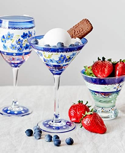 סטודיו גולדן היל כוסות מרטיני מצוירות ביד סט של 2 - אוסף פרחים כחול ברצלונה - - כלי זכוכית מצוירים