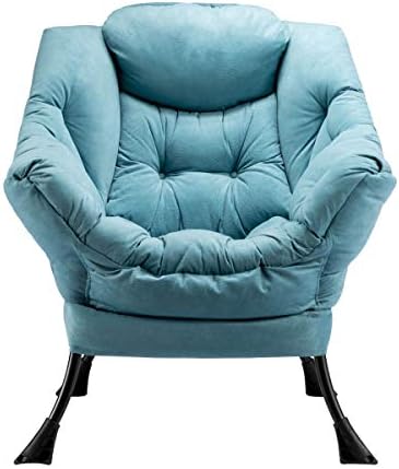 כיסא עצלן מבד מודרני, כיסא טרקלין עכשווי מבטא, כיסא ספת פנאי מסגרת פלדה אחת עם משענות יד וכיס צדדי, כחול