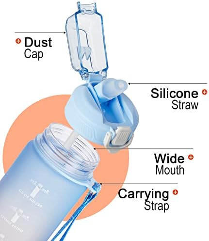 TKK 32 גרם בקבוק מים מוטיבציוני עם סמן זמן ורצועת קש ונשיאה, BPA אטום דליפות BPA בקבוק מים ספורט חינם לכושר,