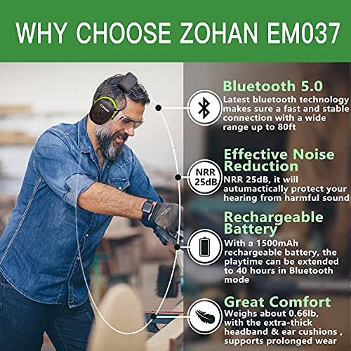 Zohan EM037 הגנת שמיעה של Bluetooth, NRR 25dB הפחתת רעש הגנה על אוזן עם סוללה נטענת של 1500mAh