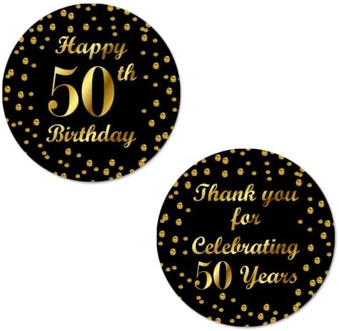 50 יום הולדת עגול 2 אינץ גדול מבריק מדבקות, תודה לך על חוגג 50 שנים שחור וזהב תוויות, נהדר עבור המפלגה טובות,