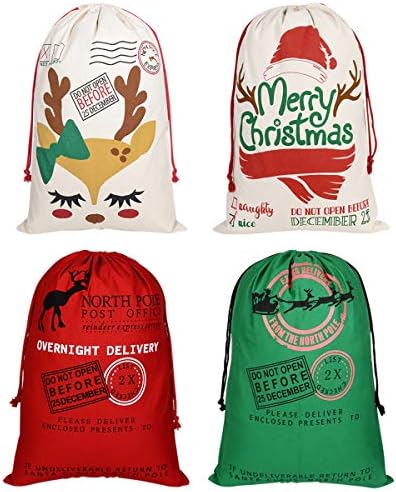 4 מארז שקיות מתנה לחג המולד סנטה שקיות שרוך, 27.5 על 19.7 אינץ ' לשימוש חוזר שרוך גדול במיוחד שקיות מתנה
