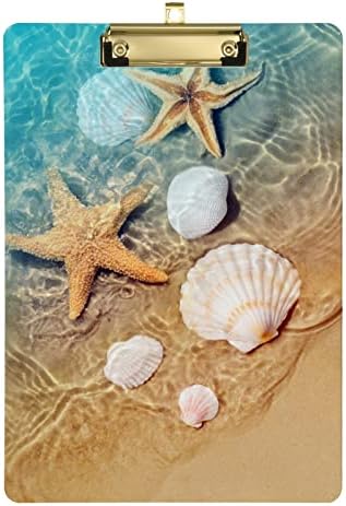 לוחות צדפים של כוכב ים קיץ אקריליק עם קליפ כסף בפרופיל נמוך, לוח קליפ חוף חולי טרופי בגודל 4 כתיבה