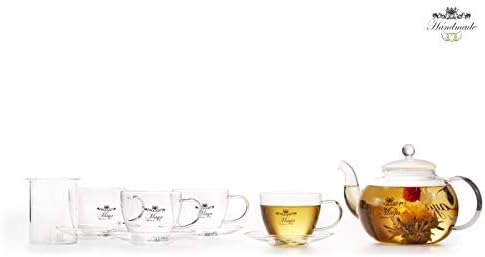 מאיה קופסא אביזרי תה מפוארים עם קופסת קומקום זכוכית, infuser, 4 כוסות תה ו -4 צלוחיות לתה פרוח