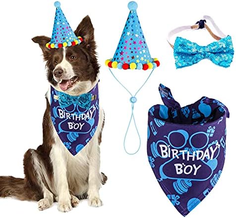 ציוד למסיבות יום הולדת לכלב Tcboying, כלב יום הולדת כובע בנדנה צעיף עם צווארון עניבת פרפר חמוד לחיית מחמד כלב