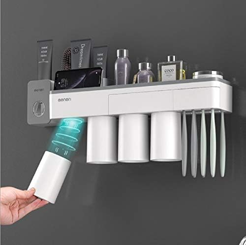 HOPEHOPE רב-פונקציונלי מברשת שיניים מחזיק חדר אמבטיה רכוב על קיר עם מגש יניקה מגנטי, המתאים לאחסון