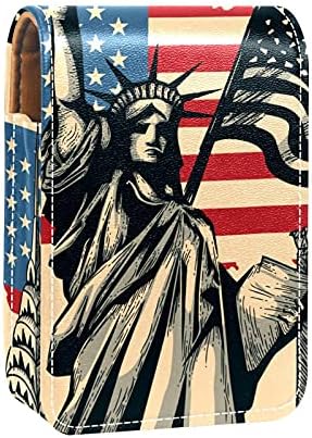 שפתון מקרה עם מראה בציר אמריקאי מפת פסל חירות גלוס מחזיק נייד שפתון אחסון תיבת נסיעות איפור תיק מיני עור