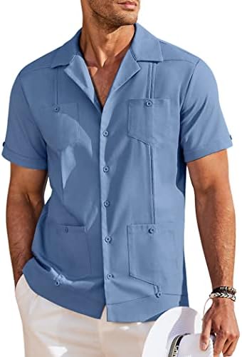COOFANDY MENS שרוול קצר חולצה קובנית GUAYABERA כפתור מזדמן חולצות פשתן חולצות חוף קיץ