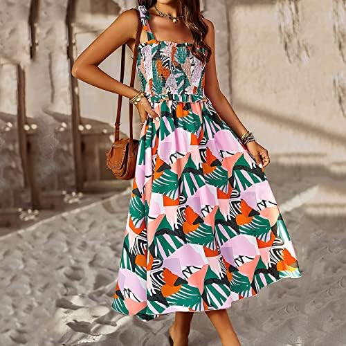 נשים של קיץ מקסי שמלות מקרית שרוולים עניבת רצועות כיכר צוואר קפלי שמלה קיצית פרחוני לפרוע חוף נדנדה ארוך