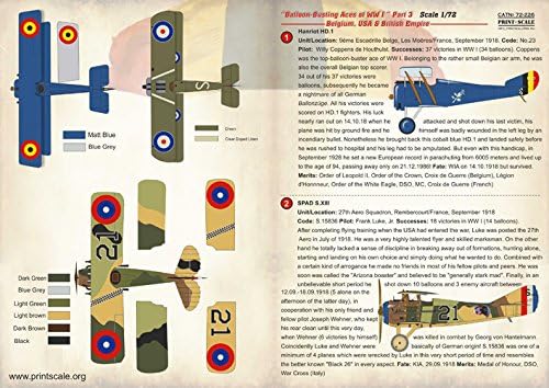 מדבקות למטוס אסים משופעי בלונים של WW I חלק 3-בלגיה, ארהב ואימפריה בריטית 1/72 סולם הדפס 72-226