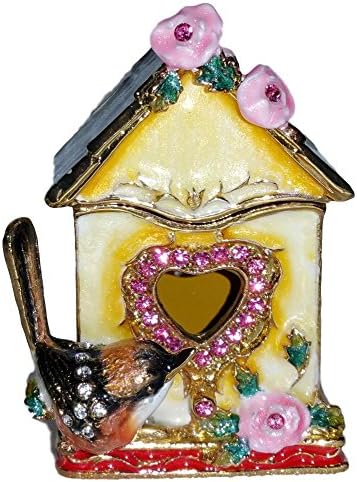 Bejeweled Wren Bird & Worned ורדים על קופסת תכשיט אמייל ציפורים צהוב עם קריסטלים אוסטריים