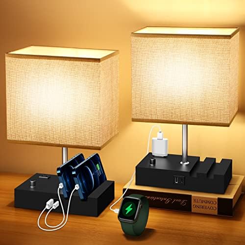 Yotutun - מנורות ליד המיטה לחדרי שינה סט של 2 שידות לילה, מנורת שולחן עם USB C+נמל טעינה ושקע AC, מנורת שידת