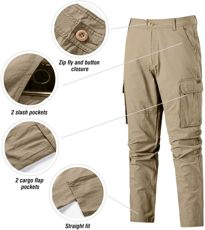 מכנסי מטען של JMierr Mens מכנסי טיול כותנה מזדמנים מכנסיים רגועים בכושר קל משקל חיצוני חיצוני עם 6 כיסים