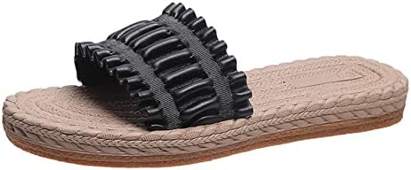 גופף נשים של סנדלי, מוצק צבע קפלים תחרה סנדלי נשים עור בוהן פתוח נעלי דשא ארוג תחתון שטוח נעלי בית