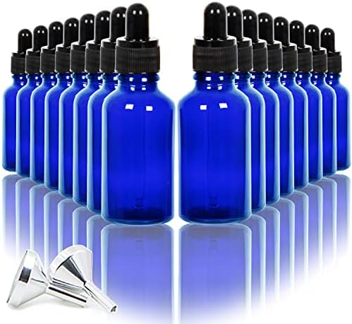 16 מארז 1 אונקיה כחול זכוכית טפטפת בקבוקי עבור חיוני שמן, 2 נירוסטה מיני משפכים