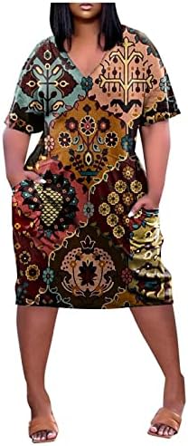שמלות אפריקאיות לנשים V צוואר שרוול קצר בתוספת כיסי וינטג 'גודל שמלות חולצת טריקו